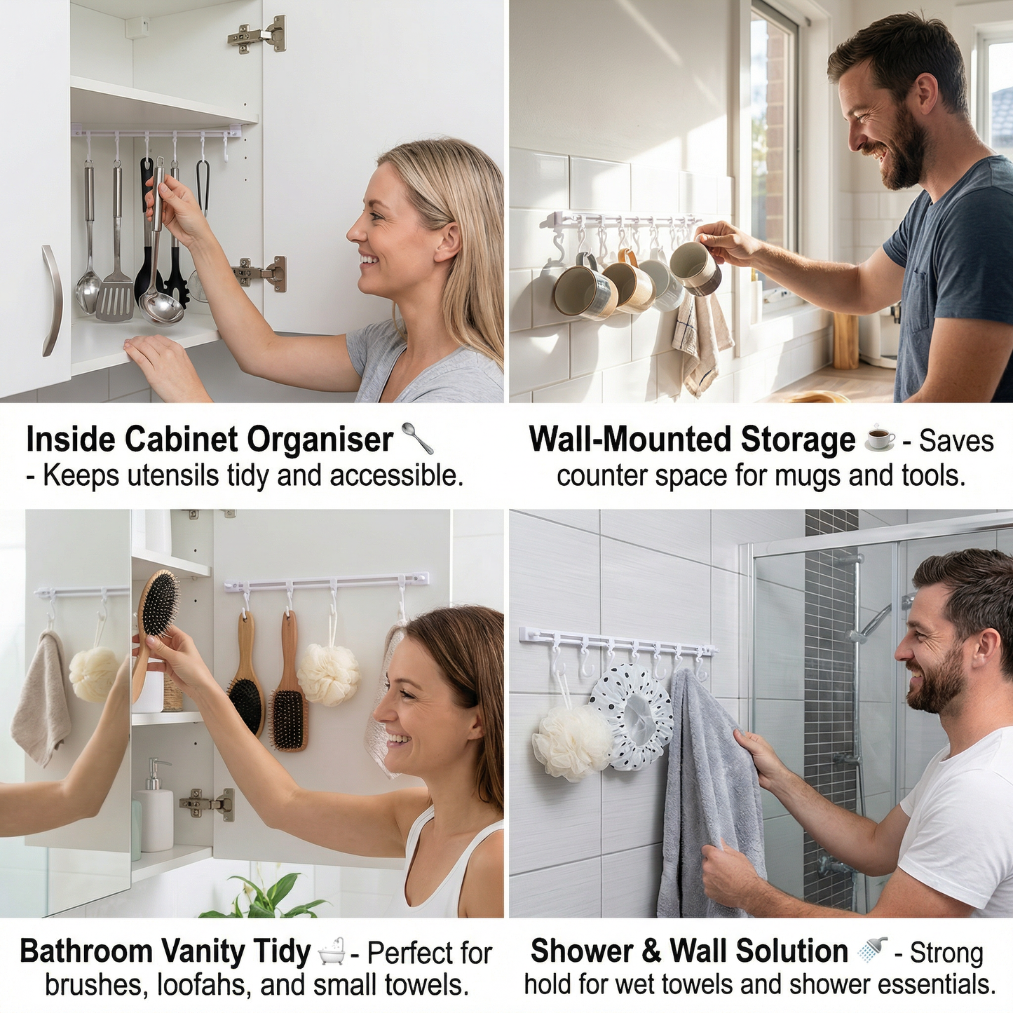 Self-Adhesive Hook Rail for Kitchen and Bathroom – Strong hold and no drilling required (2 pieces)