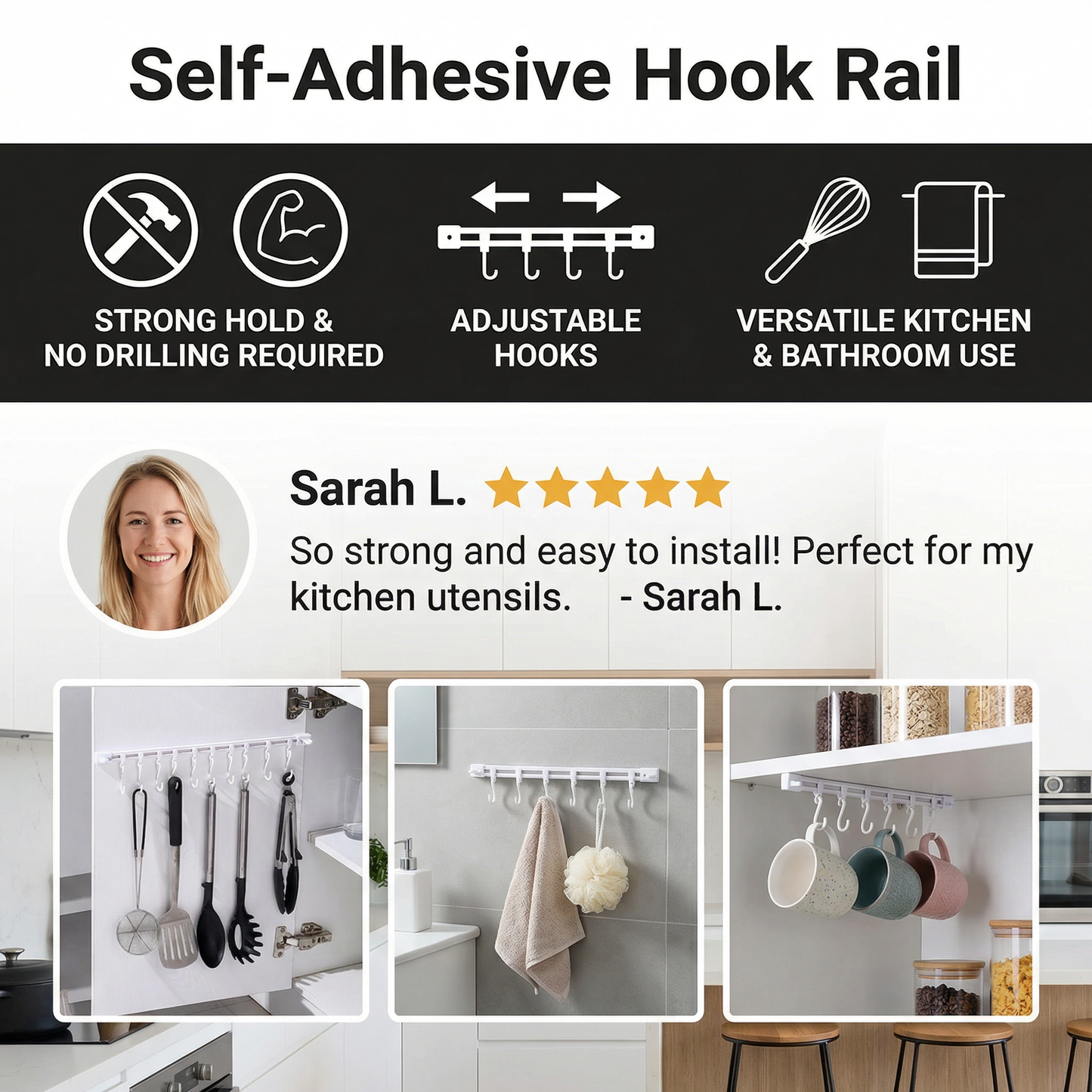 Self-Adhesive Hook Rail for Kitchen and Bathroom – Strong hold and no drilling required (2 pieces)