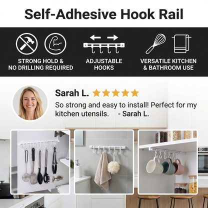 Self-Adhesive Hook Rail for Kitchen and Bathroom – Strong hold and no drilling required (2 pieces)