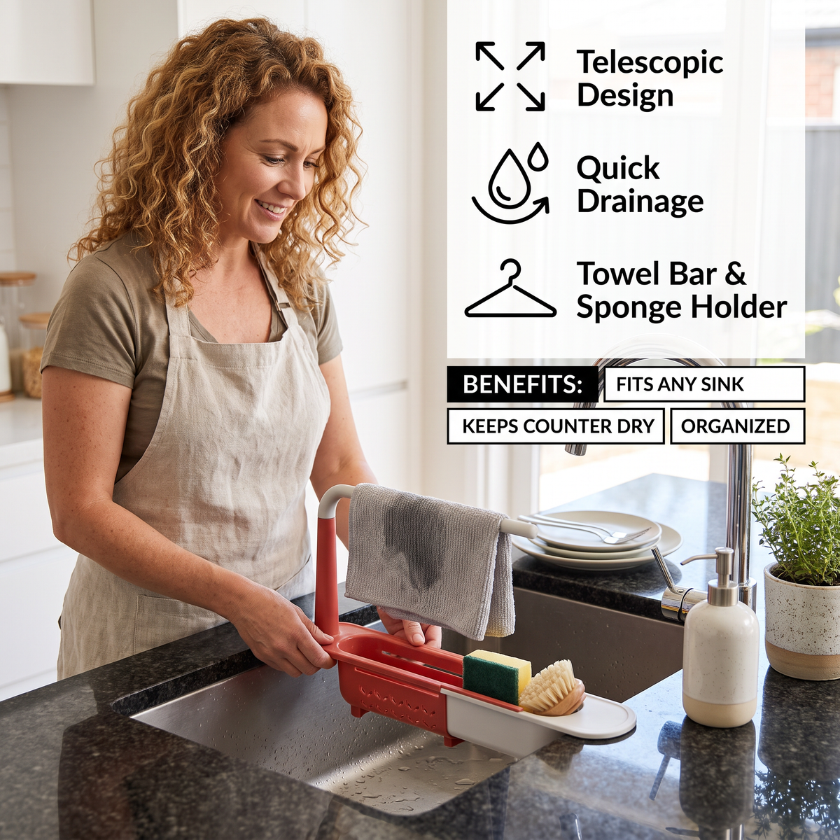 Adjustable Telescopic Sink Organizer with Drainage Basket & Towel Bar
