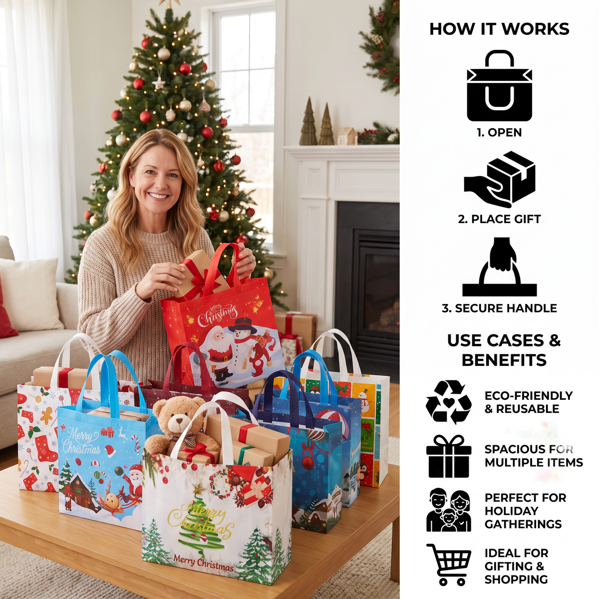 Reusable Christmas Gift Bags with Handles – Assorted Holiday Designs