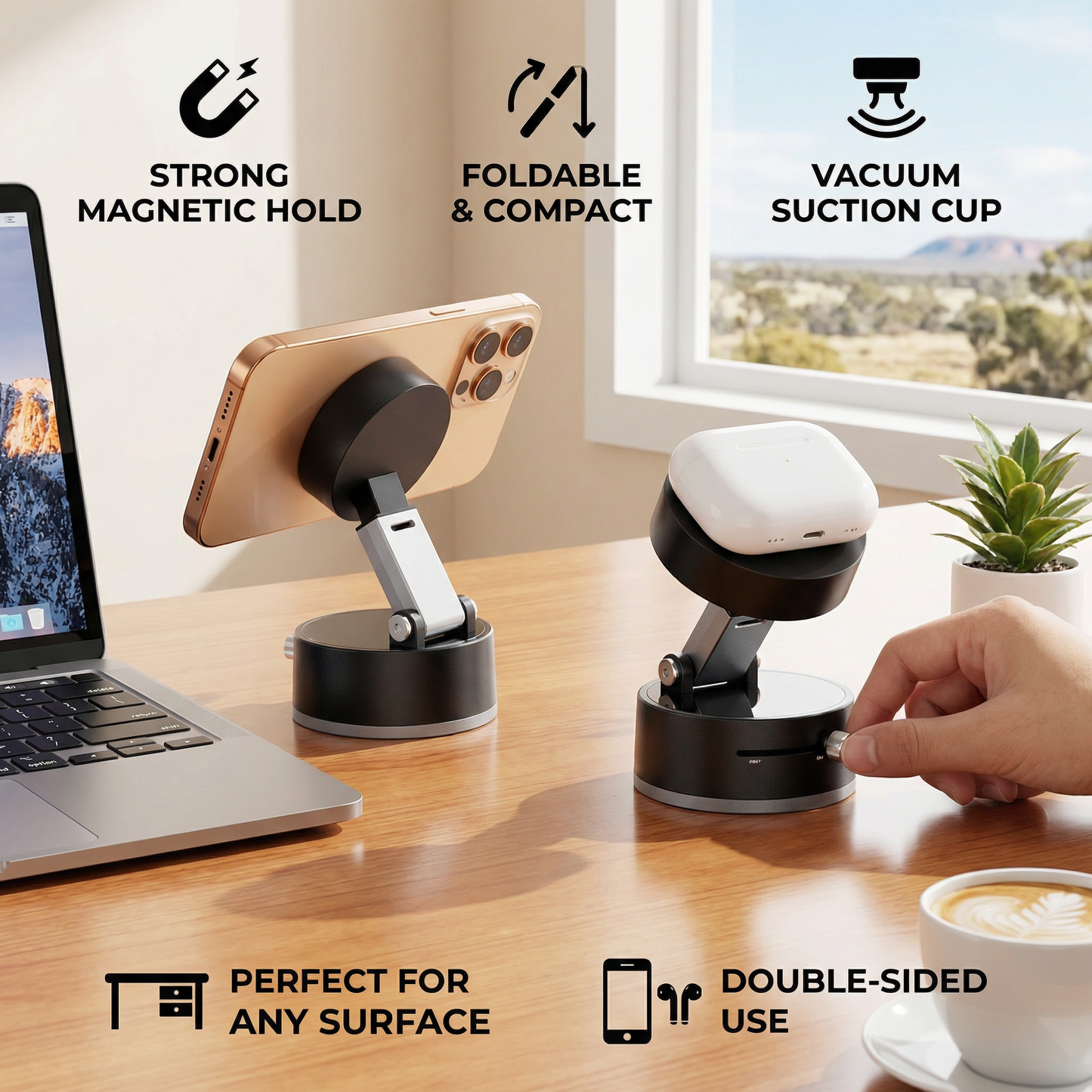 Magnetic Phone Holder with Vacuum Suction Cup – Foldable & Double-Sided, Universal for All Smartphones