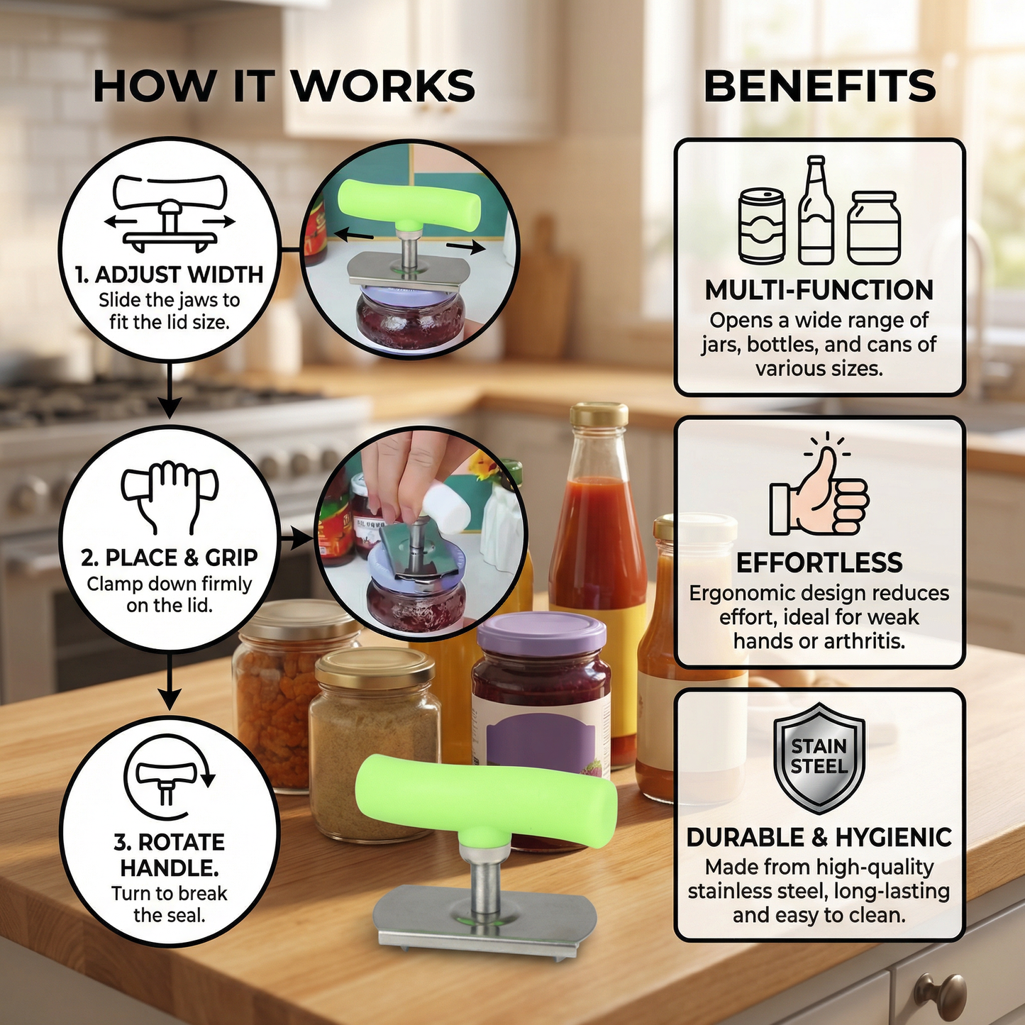 Multi-Function Stainless Steel Can & Bottle Opener – Adjustable & Rotatable
