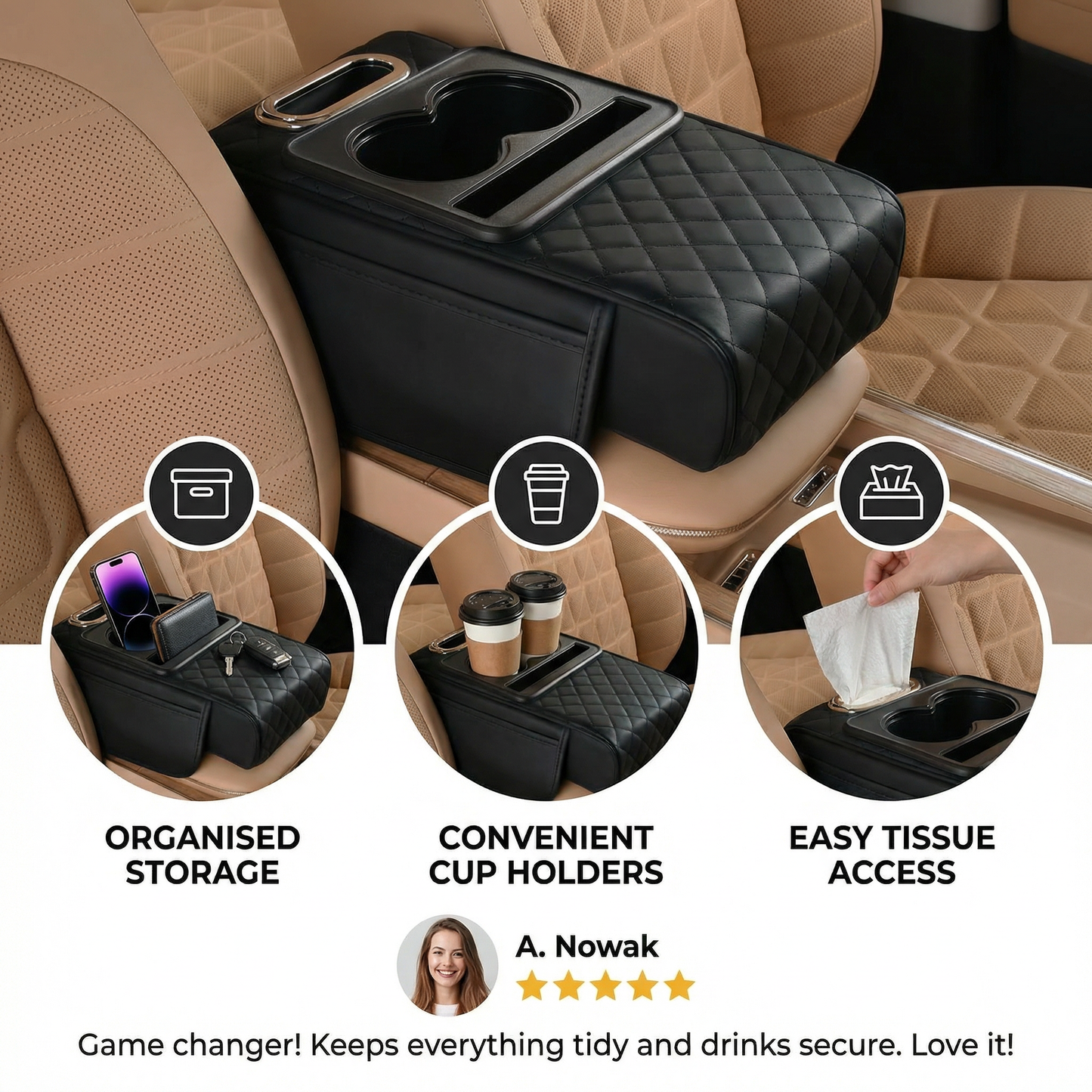 Multifunctional Car Armrest with Cup Holder & Storage