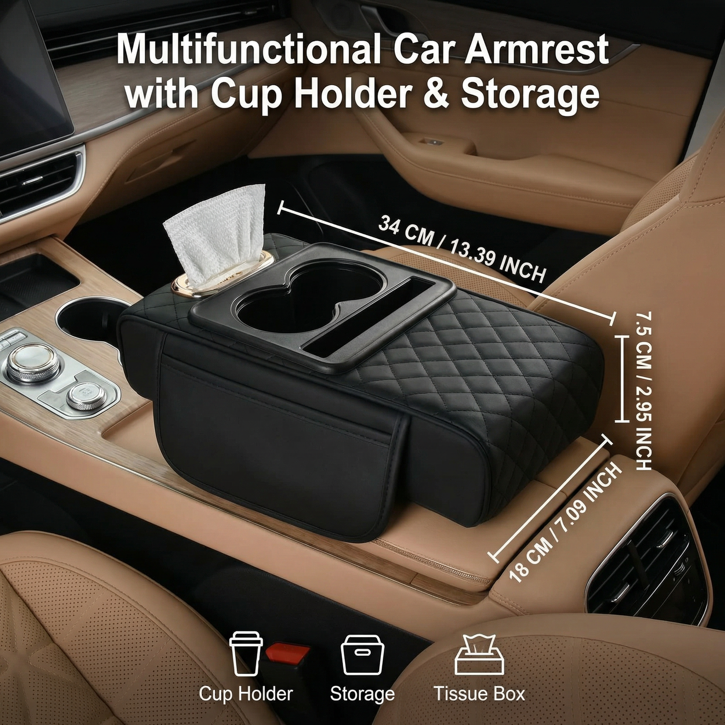 Multifunctional Car Armrest with Cup Holder & Storage