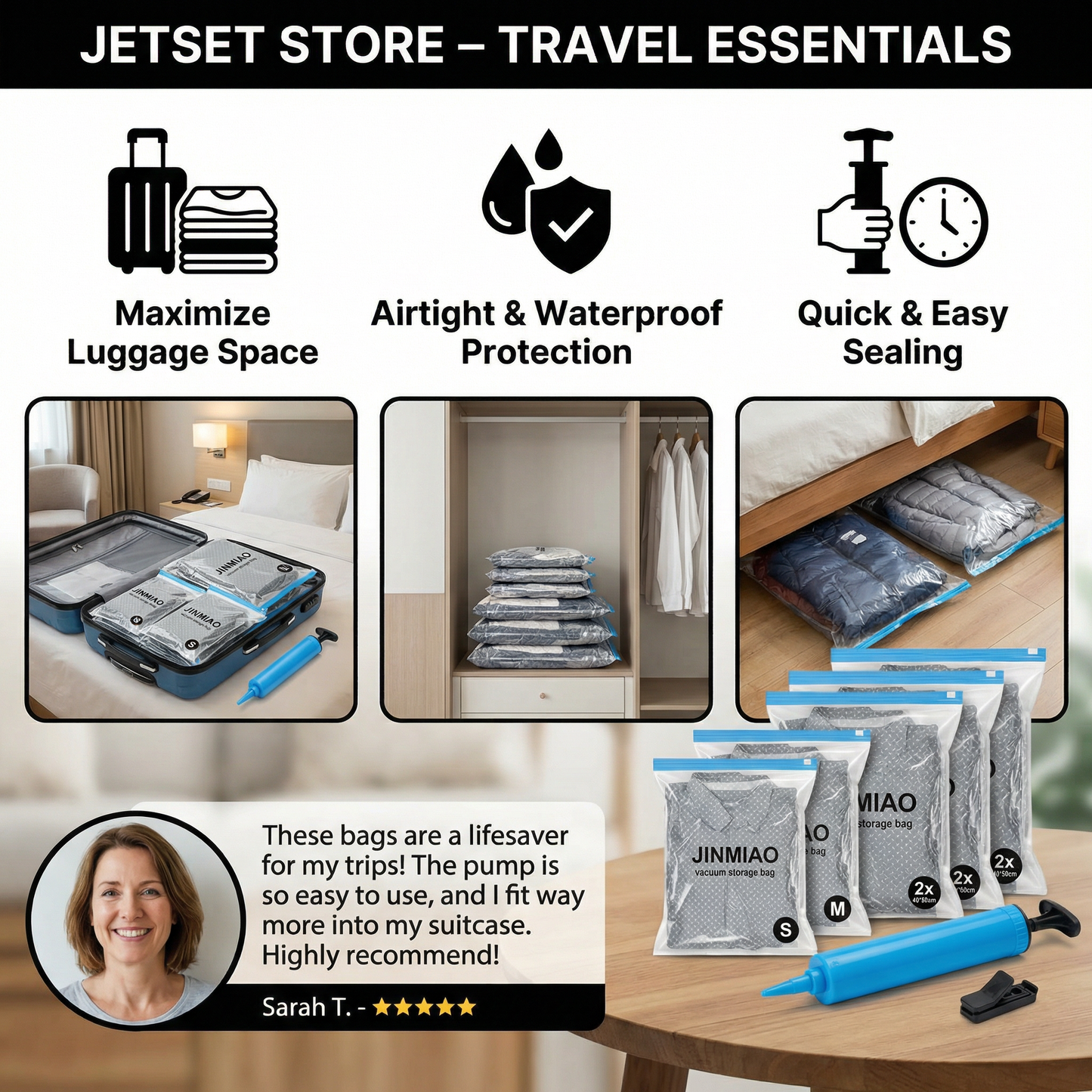 Travel vacuum storage bag set with rechargeable air pump