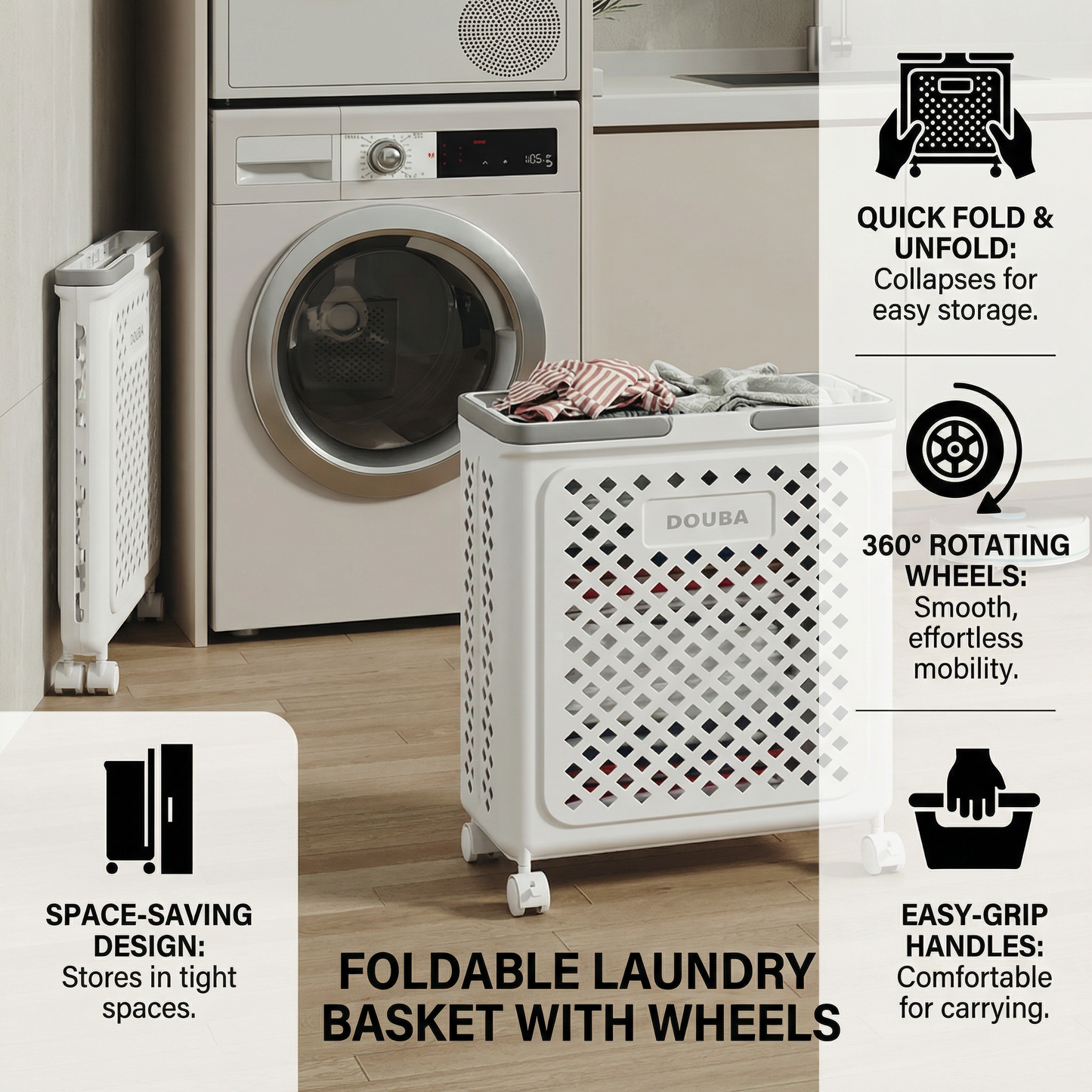 Foldable Laundry Basket with Wheels