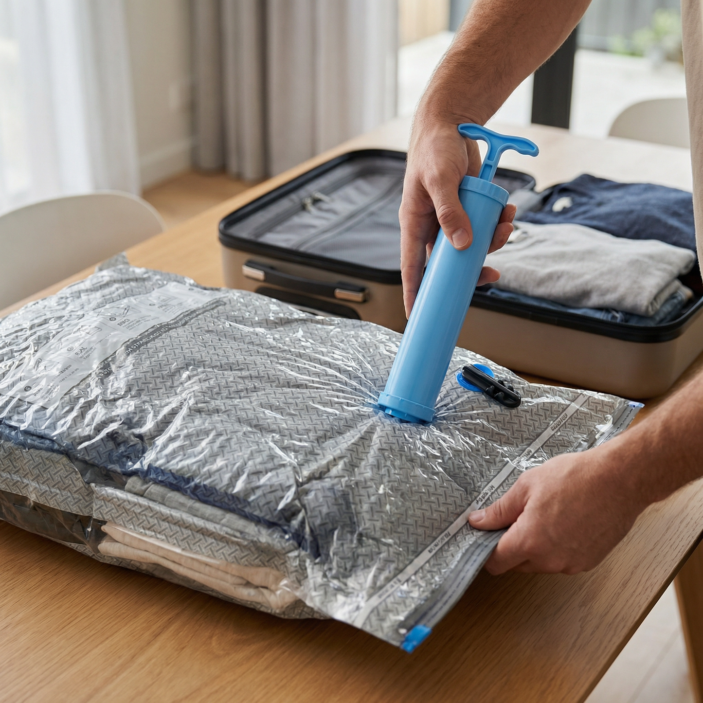 Travel vacuum storage bag set with rechargeable air pump