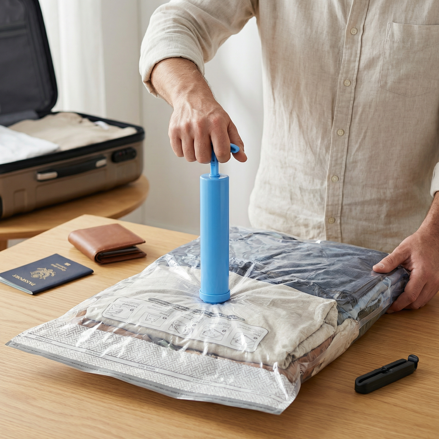 Travel vacuum storage bag set with rechargeable air pump