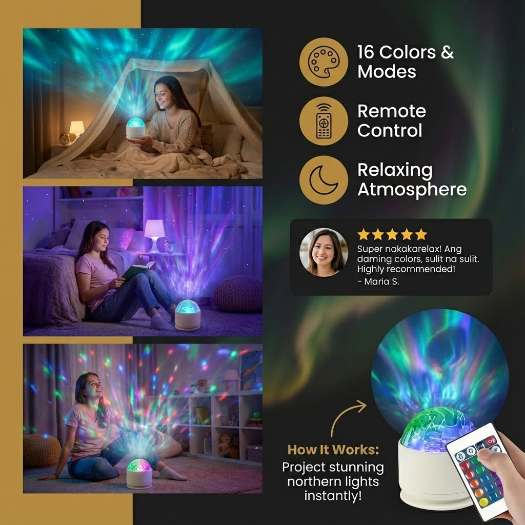 LED Northern Lights Projector Lamp – 16 Colors & Remote Control