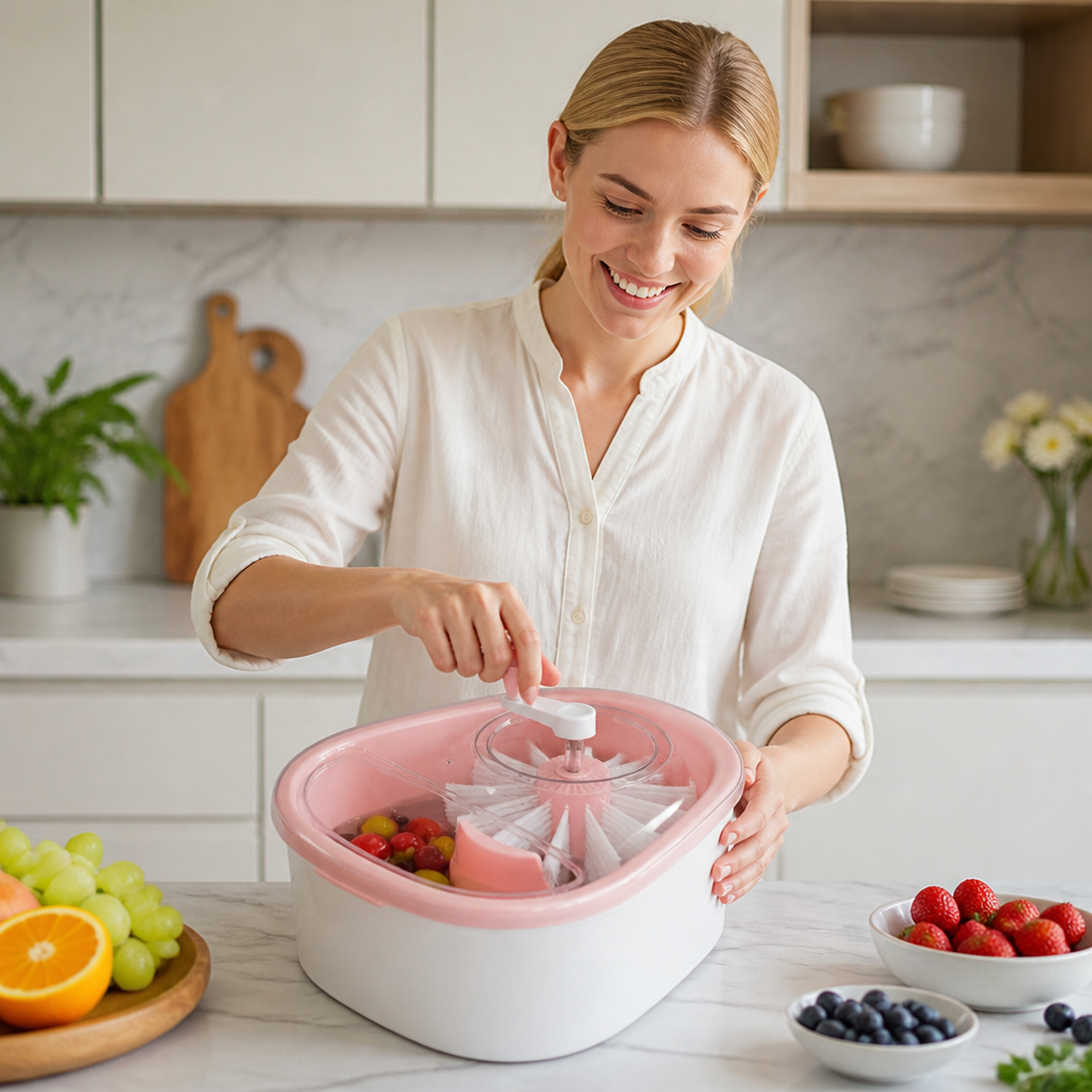 Self Draining Fruit and Vegetable Washing Bowl with Rotating Brush