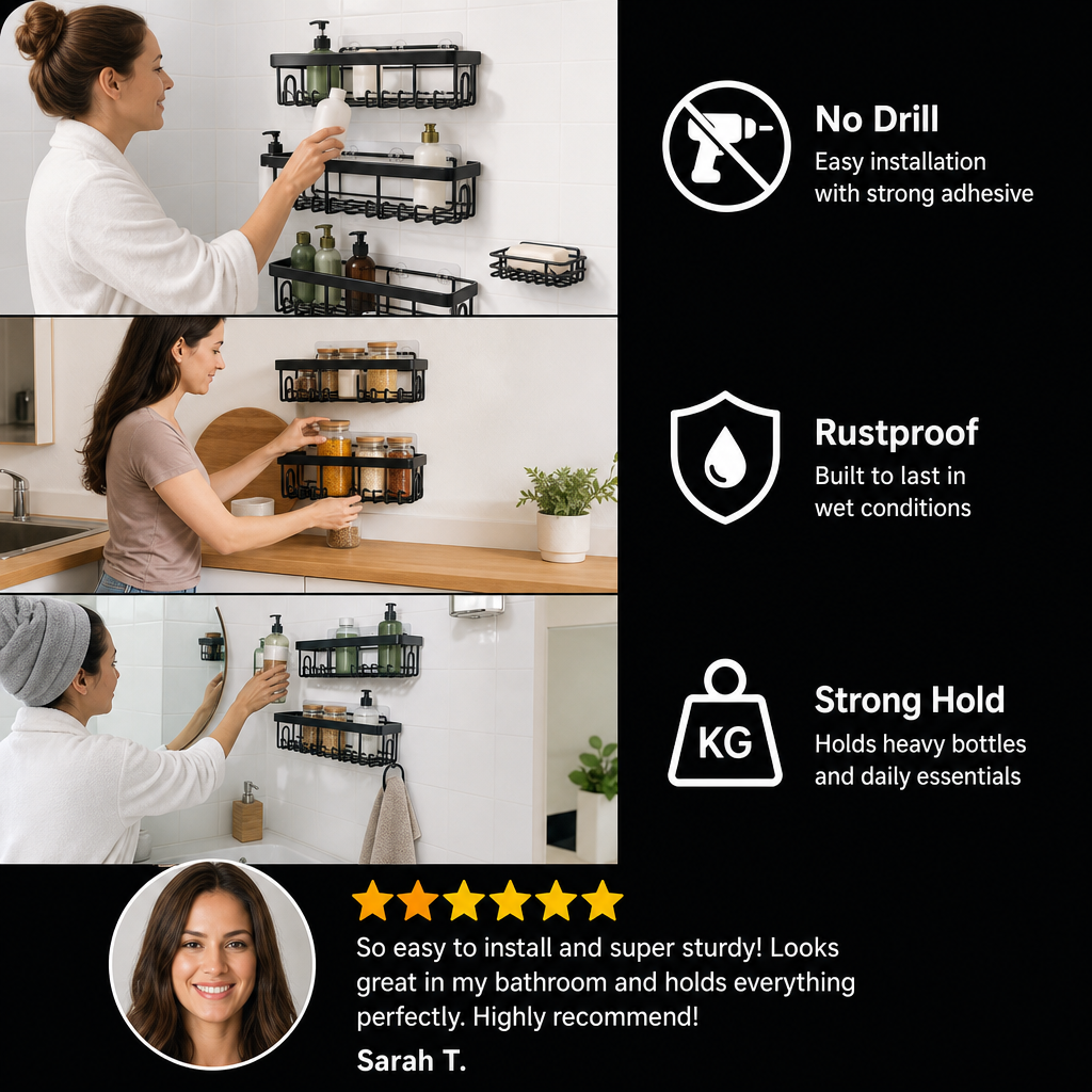 Rustproof No-Drill Shower Caddy Set with Soap Holder