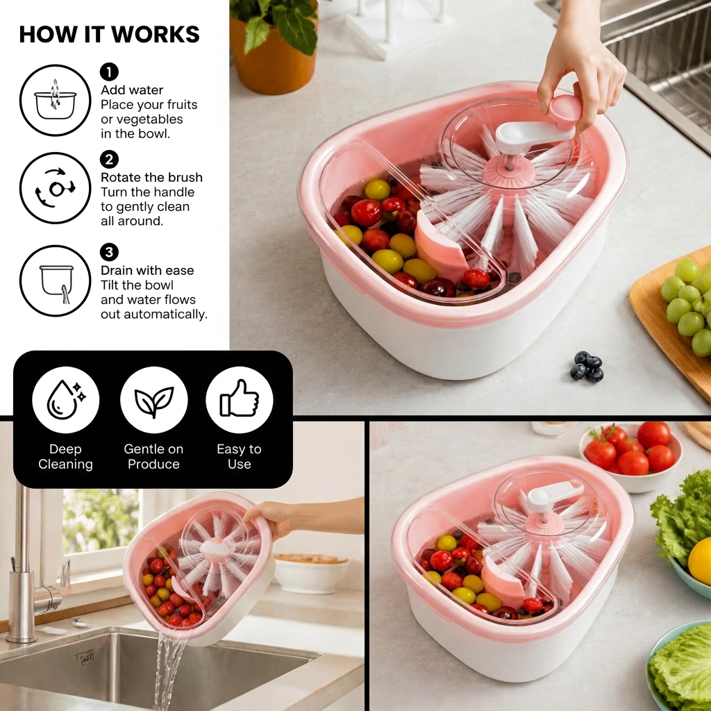 Self Draining Fruit and Vegetable Washing Bowl with Rotating Brush