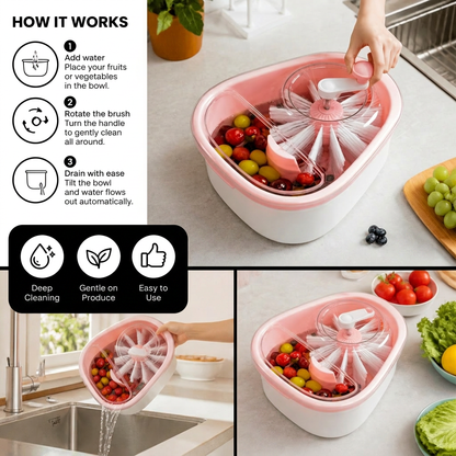 Self Draining Fruit and Vegetable Washing Bowl with Rotating Brush