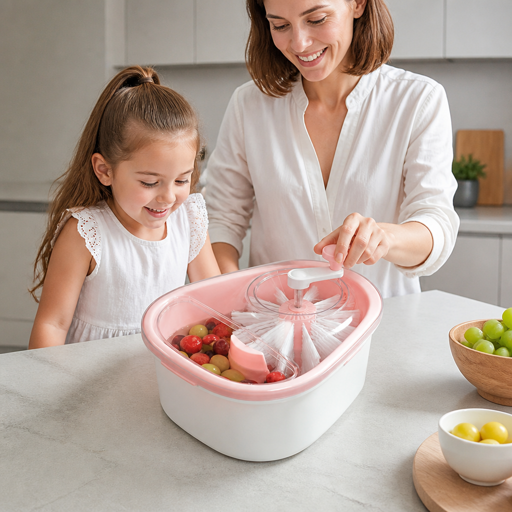 Self Draining Fruit and Vegetable Washing Bowl with Rotating Brush