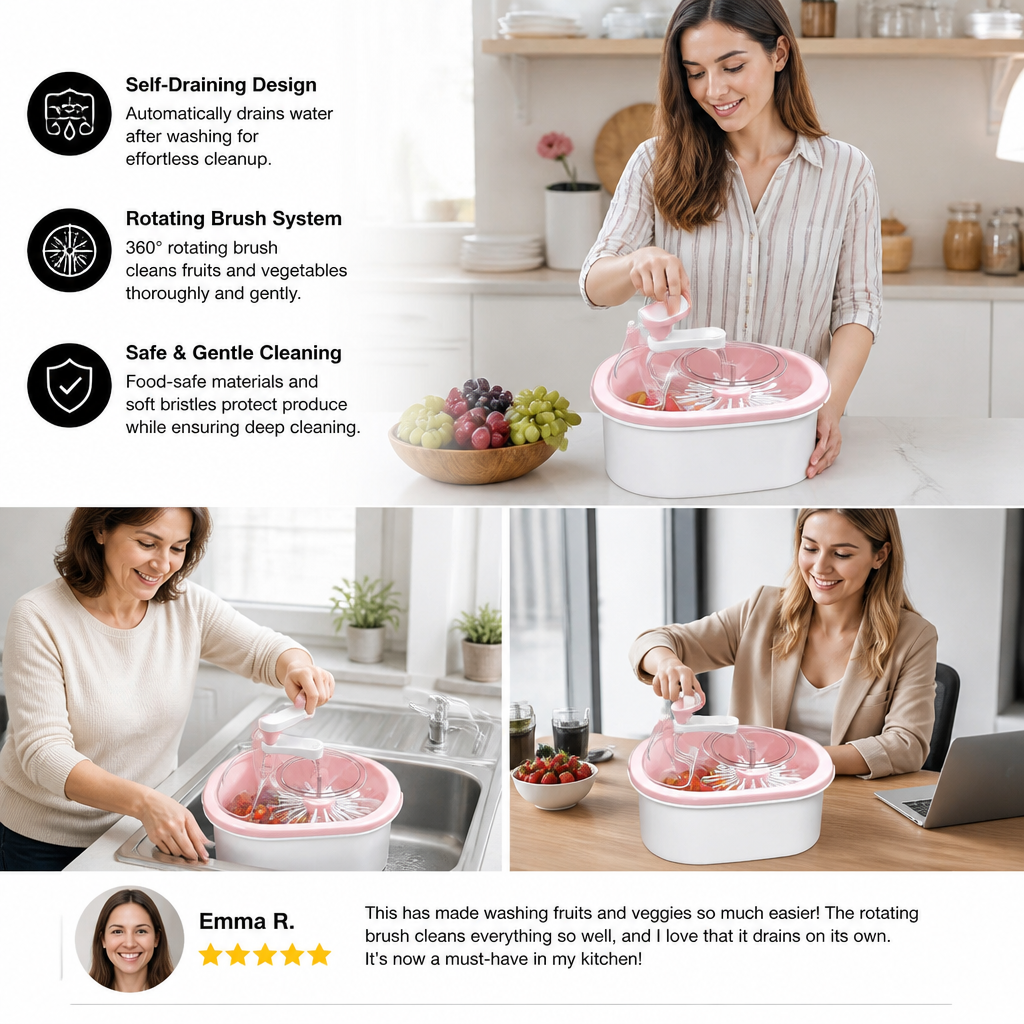 Self Draining Fruit and Vegetable Washing Bowl with Rotating Brush