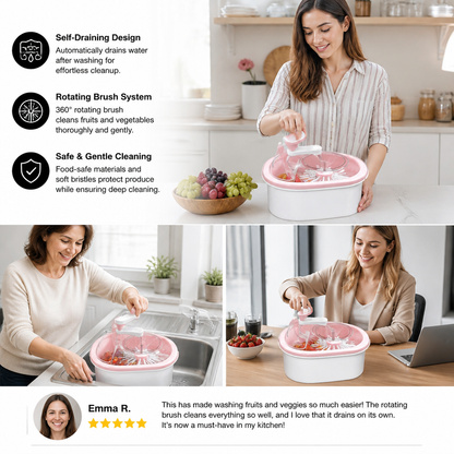 Self Draining Fruit and Vegetable Washing Bowl with Rotating Brush
