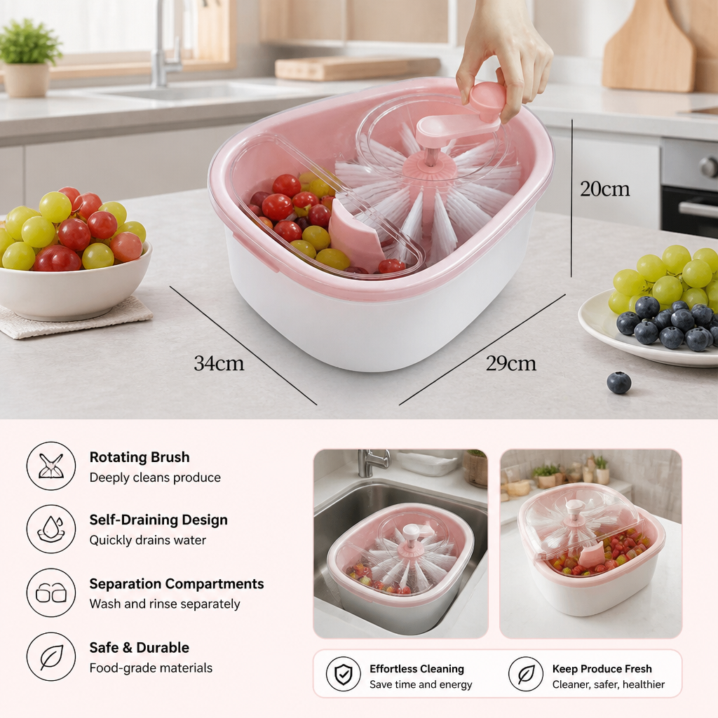 Self Draining Fruit and Vegetable Washing Bowl with Rotating Brush