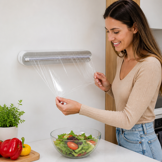Magnetic Wall-Mounted Foil & Plastic Wrap Dispenser with Safety Cutter