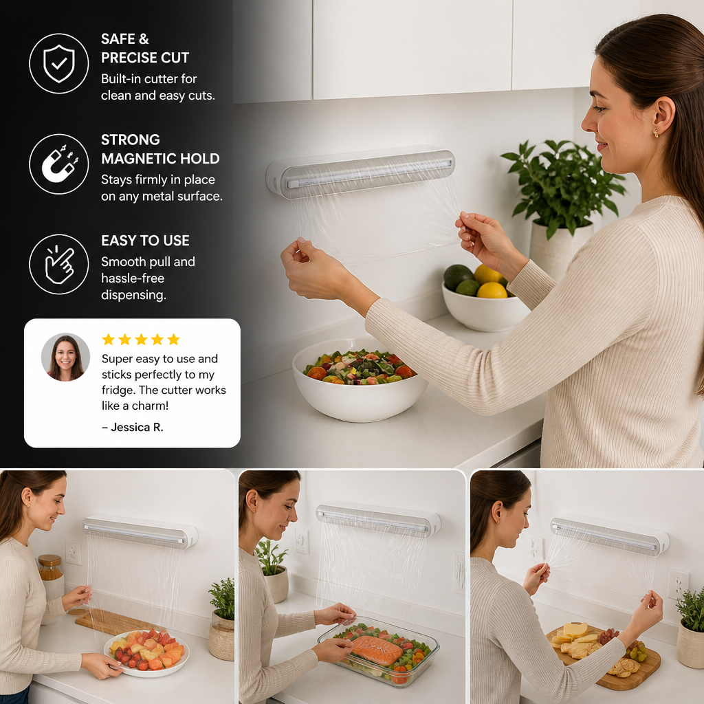 Magnetic Wall-Mounted Foil & Plastic Wrap Dispenser with Safety Cutter