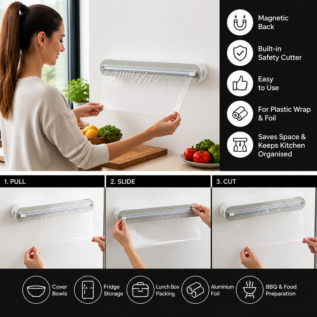 Magnetic Wall-Mounted Foil & Plastic Wrap Dispenser with Safety Cutter