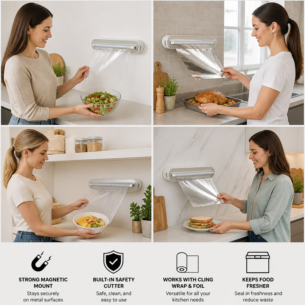 Magnetic Wall-Mounted Foil & Plastic Wrap Dispenser with Safety Cutter