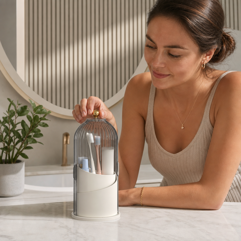 Rotating Toothbrush & Bathroom Essentials Organizer with Dustproof Clear Cover