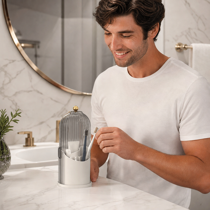 Rotating Toothbrush & Bathroom Essentials Organizer with Dustproof Clear Cover