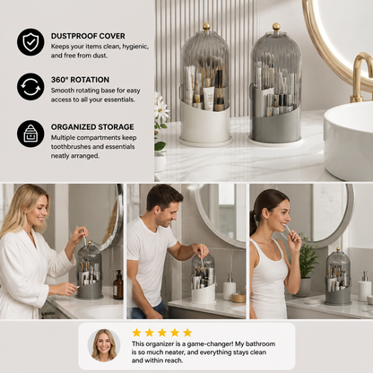 Rotating Toothbrush & Bathroom Essentials Organizer with Dustproof Clear Cover