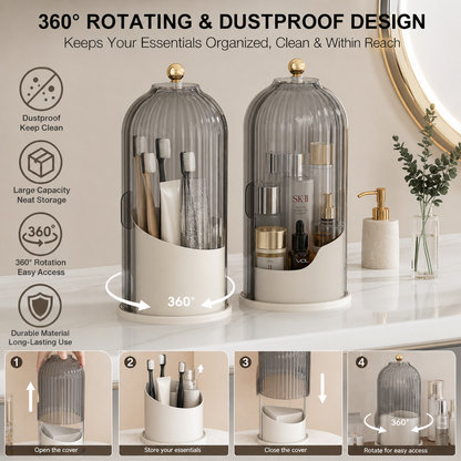 Rotating Toothbrush & Bathroom Essentials Organizer with Dustproof Clear Cover