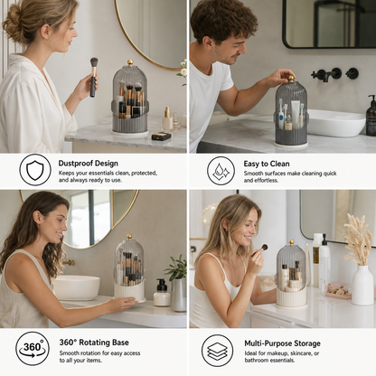 Rotating Toothbrush & Bathroom Essentials Organizer with Dustproof Clear Cover