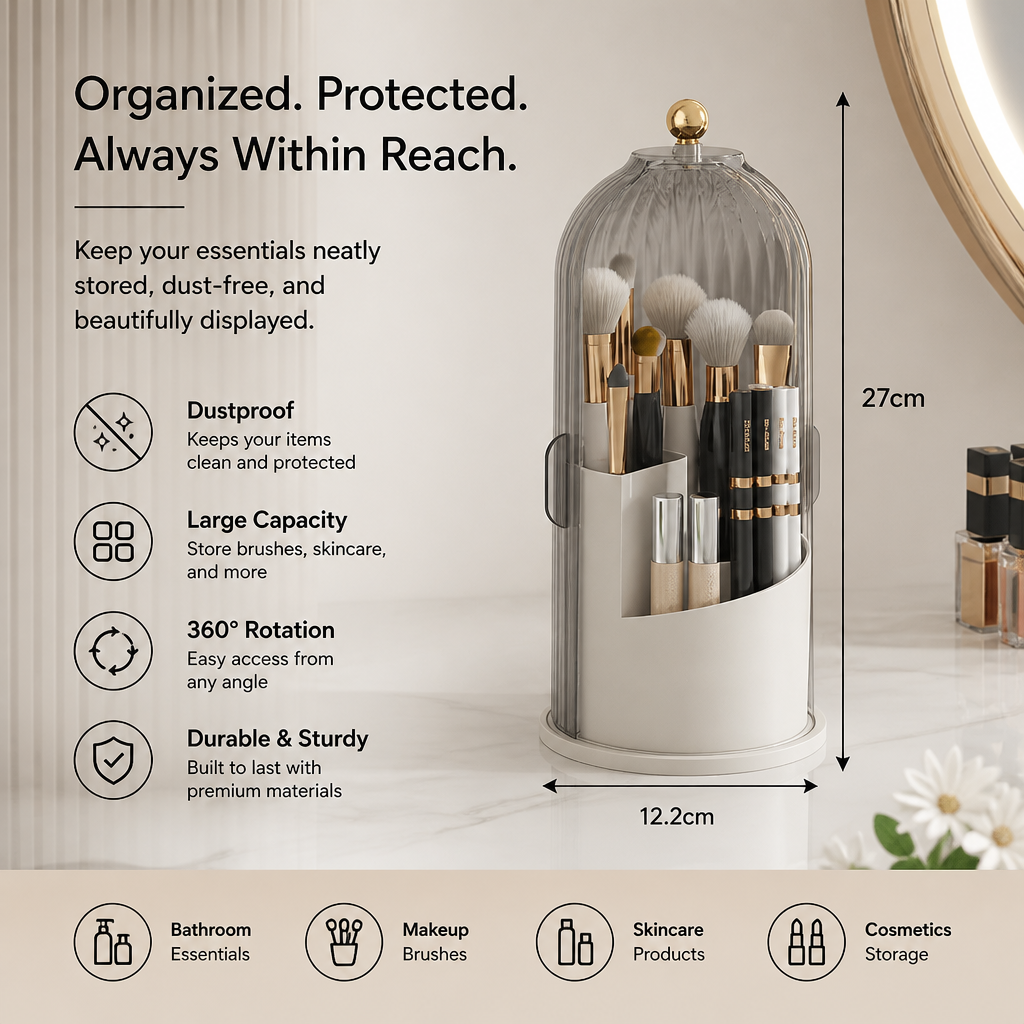 Rotating Toothbrush & Bathroom Essentials Organizer with Dustproof Clear Cover