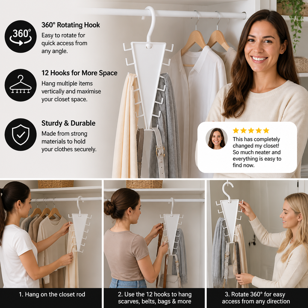 V-Shaped 12-Hook Space-Saving Closet Organizer with 360° Rotating Hanger