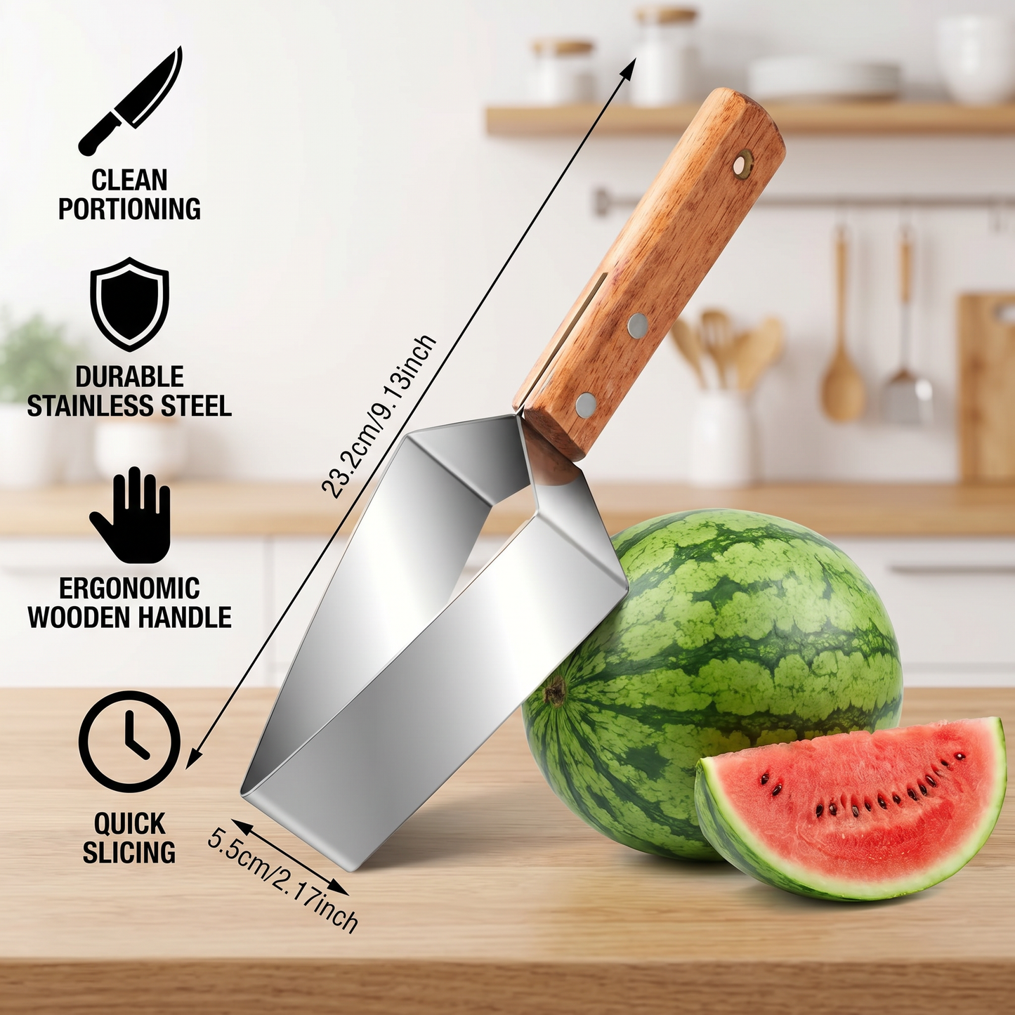 Stainless Steel Watermelon Slicer with Wooden Handle – Clean & Quick Portioning