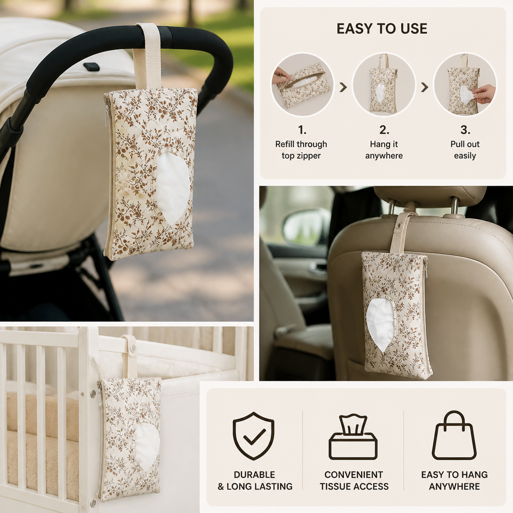 Hanging Tissue Holder for Strollers, Cribs & Cars
