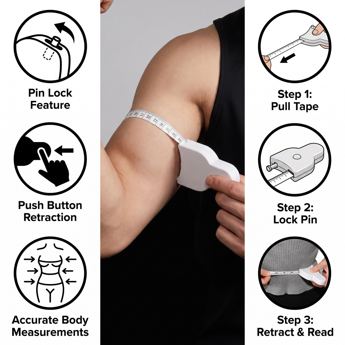 Retractable 3D Body Measuring Tape for Waist, Hips, Bust & Arms