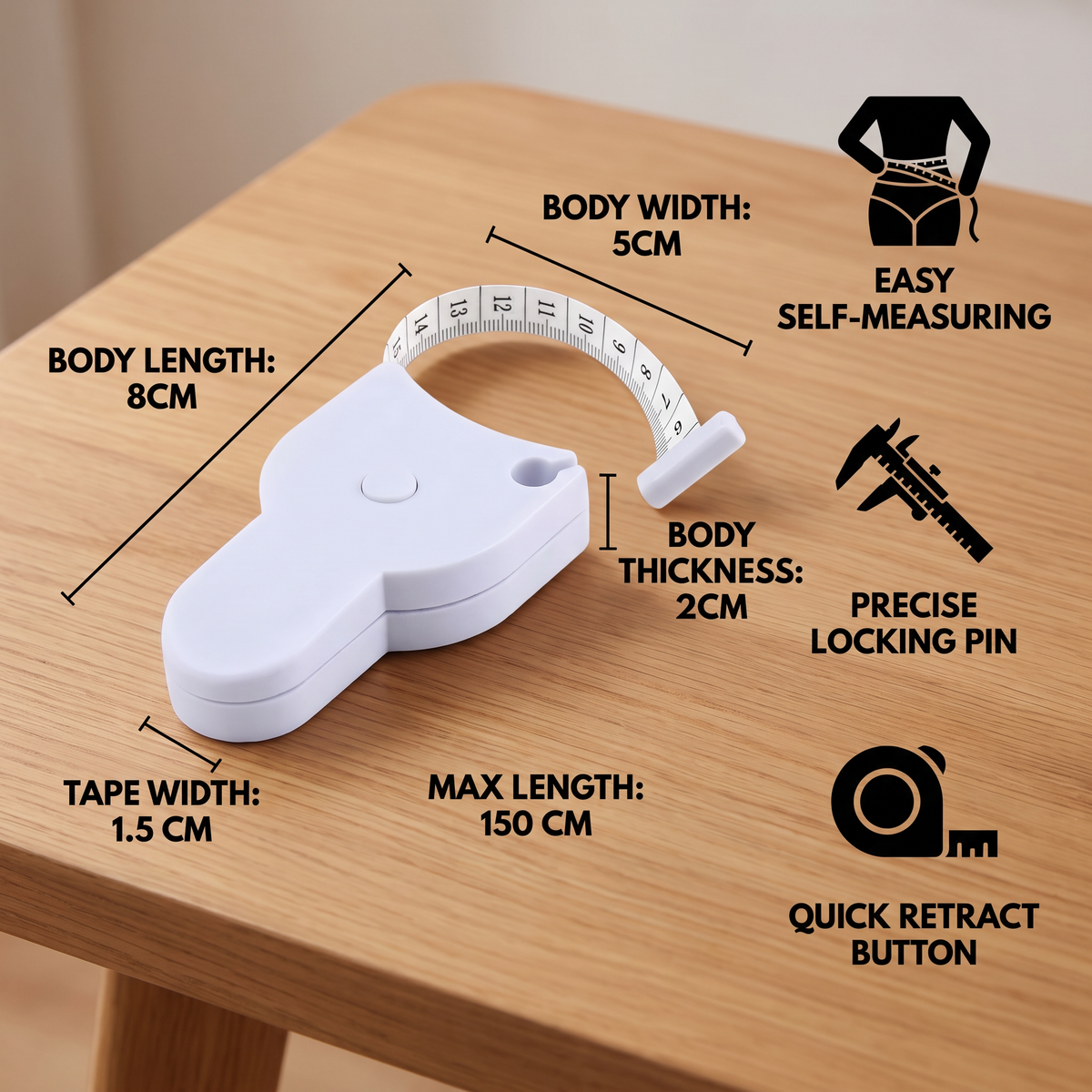Retractable 3D Body Measuring Tape for Waist, Hips, Bust & Arms