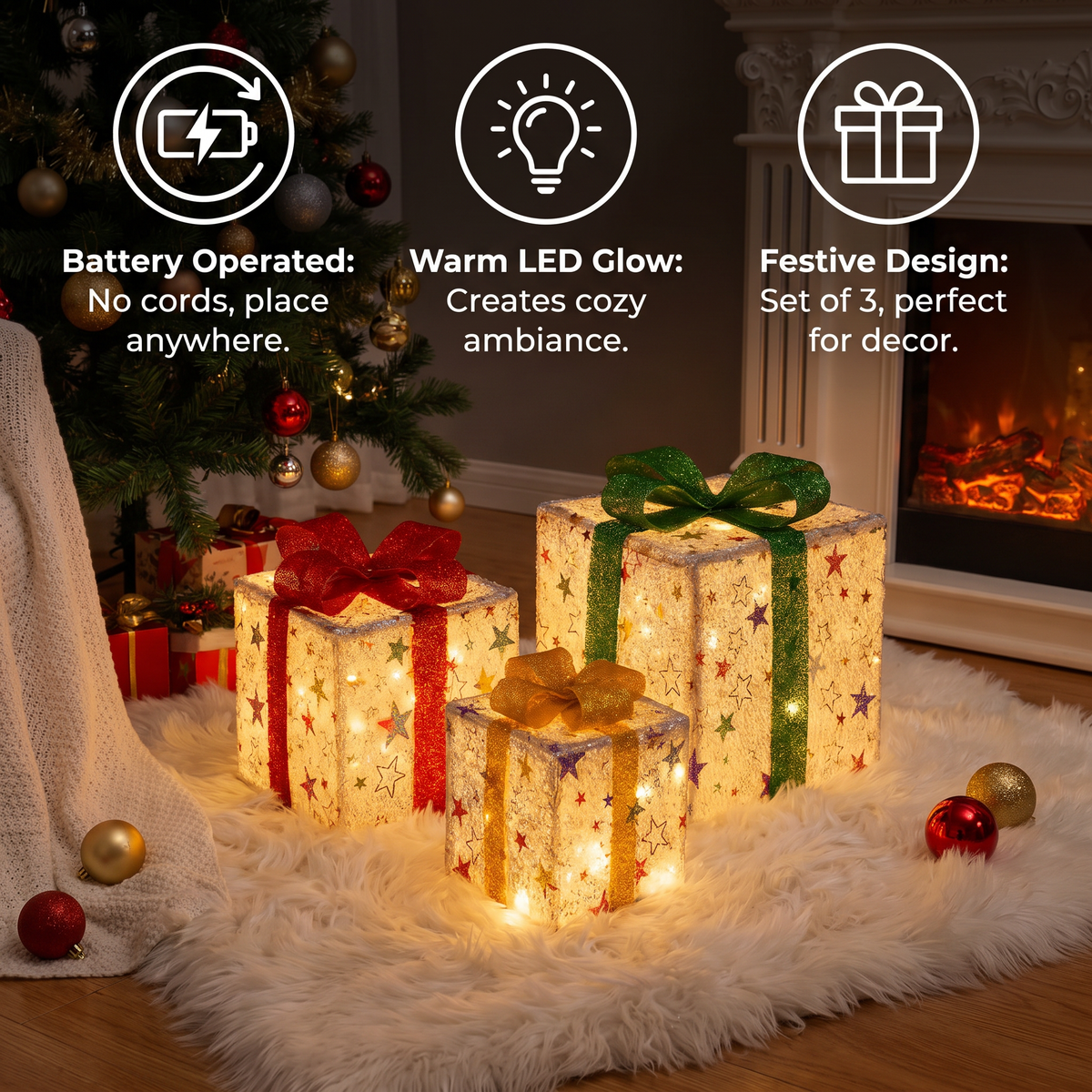 LED Light-Up Christmas Gift Box Decoration Set of 3