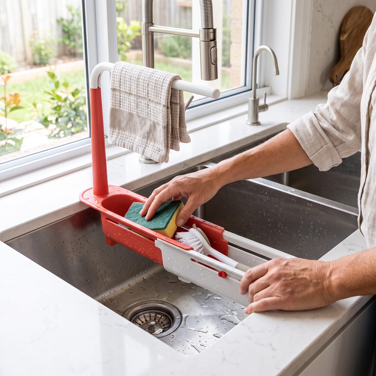 Adjustable Telescopic Sink Organizer with Drainage Basket & Towel Bar