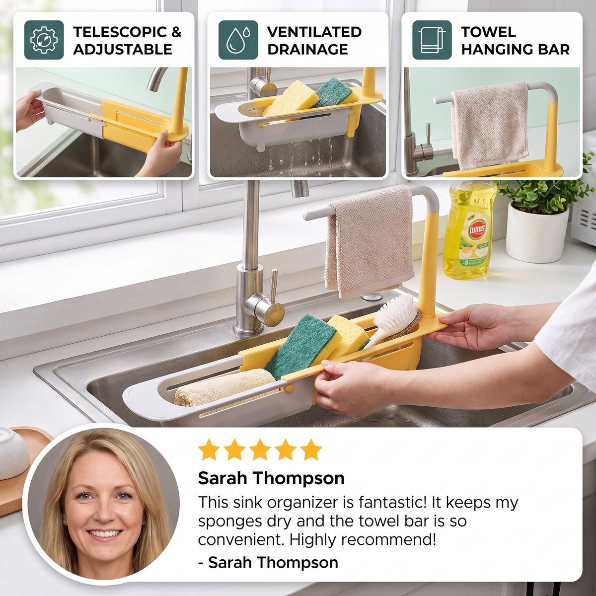 Adjustable Telescopic Sink Organizer with Drainage Basket & Towel Bar