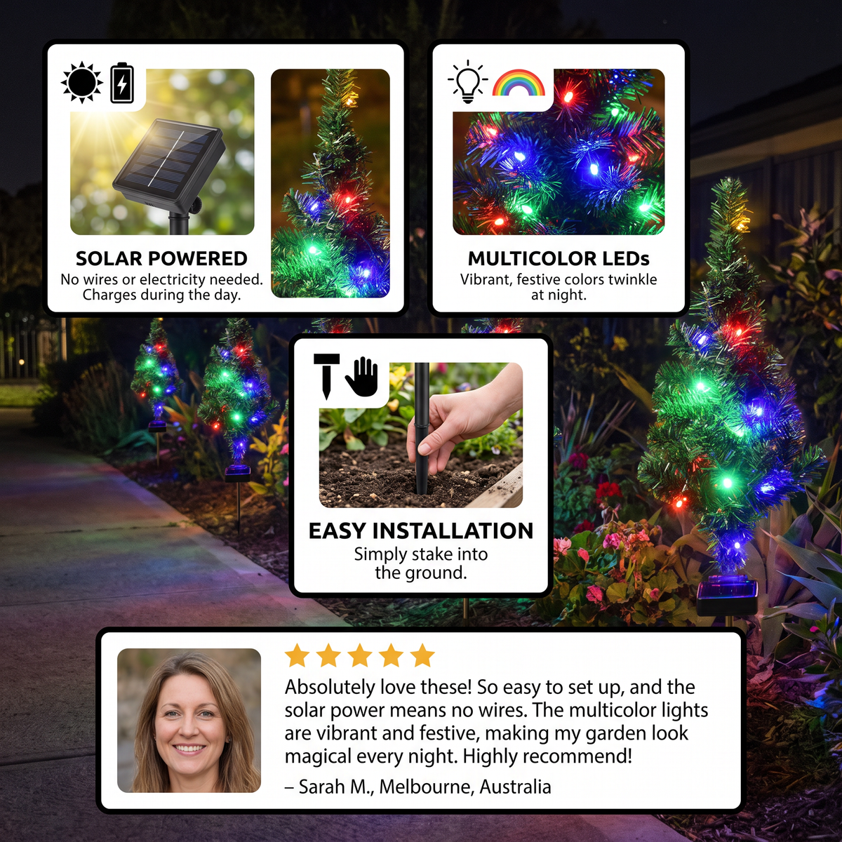 Solar Christmas Tree Stake Lights with Multicolor LEDs