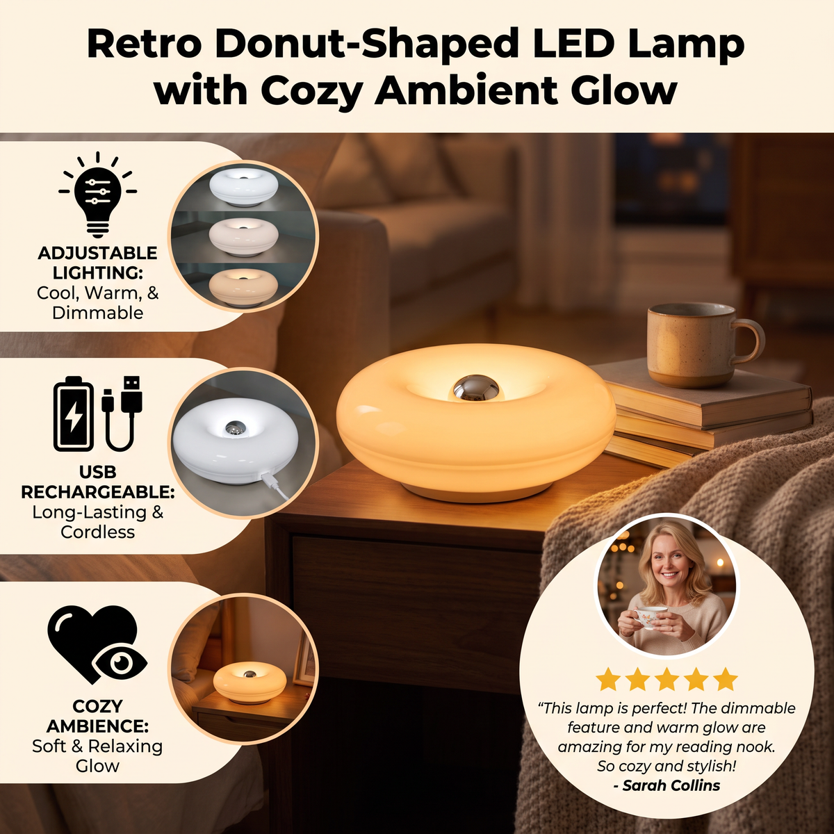 Retro Donut-Shaped LED Lamp with Cozy Ambient Glow
