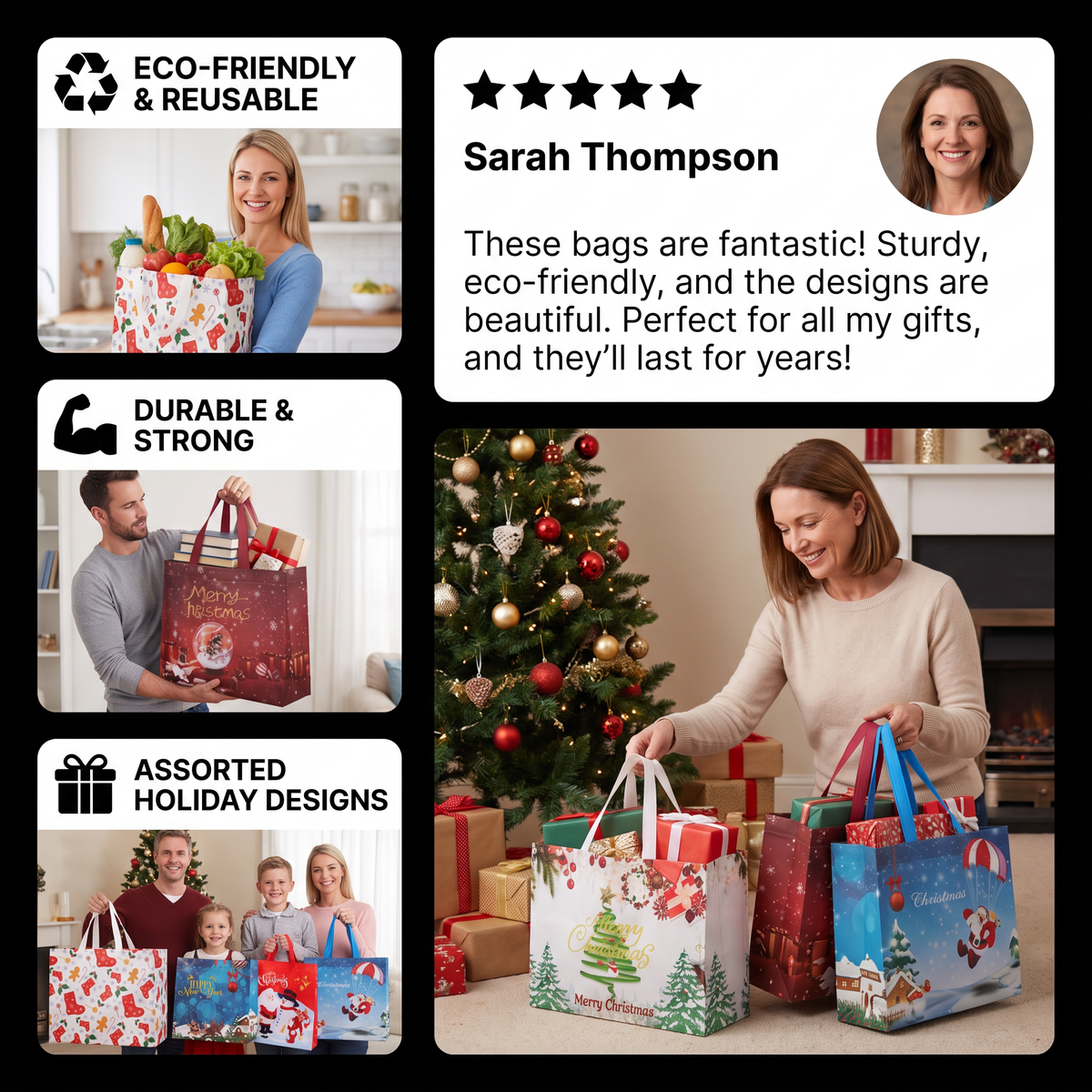 Reusable Christmas Gift Bags with Handles – Assorted Holiday Designs