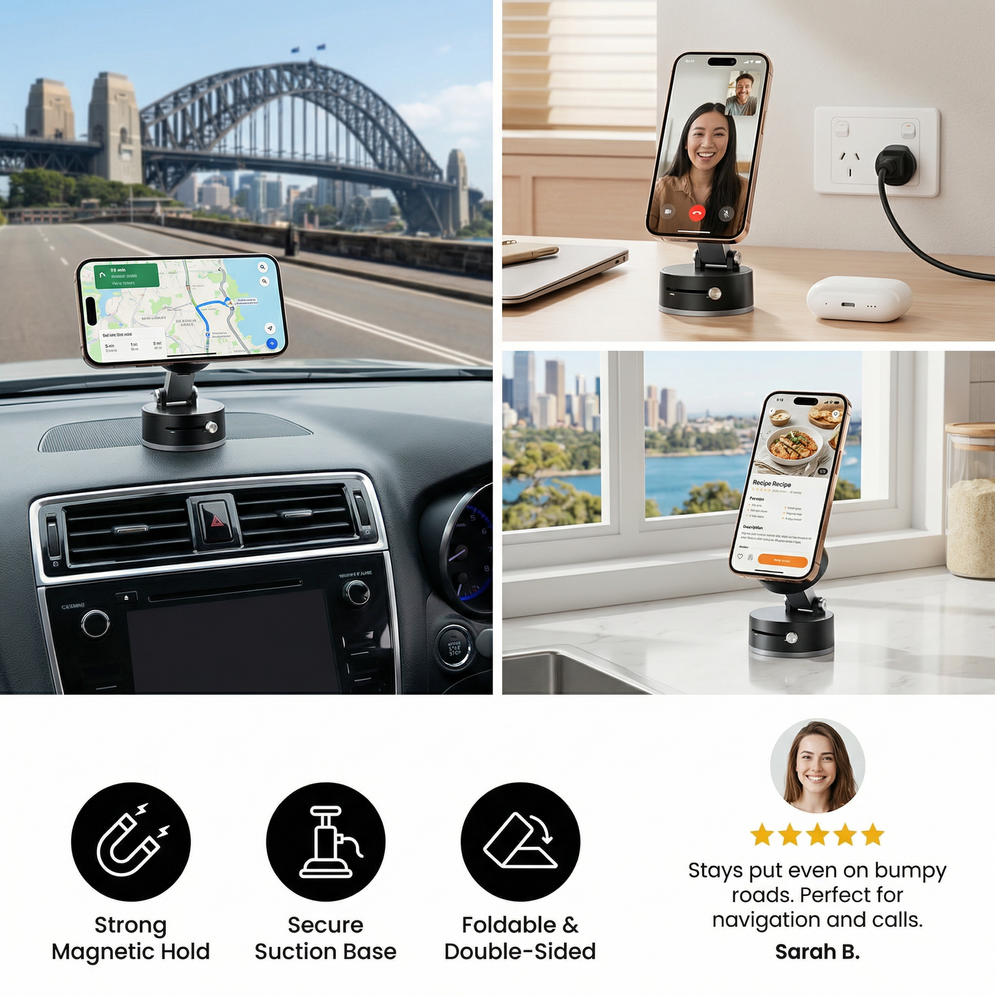 Magnetic Phone Holder with Vacuum Suction Cup – Foldable & Double-Sided, Universal for All Smartphones