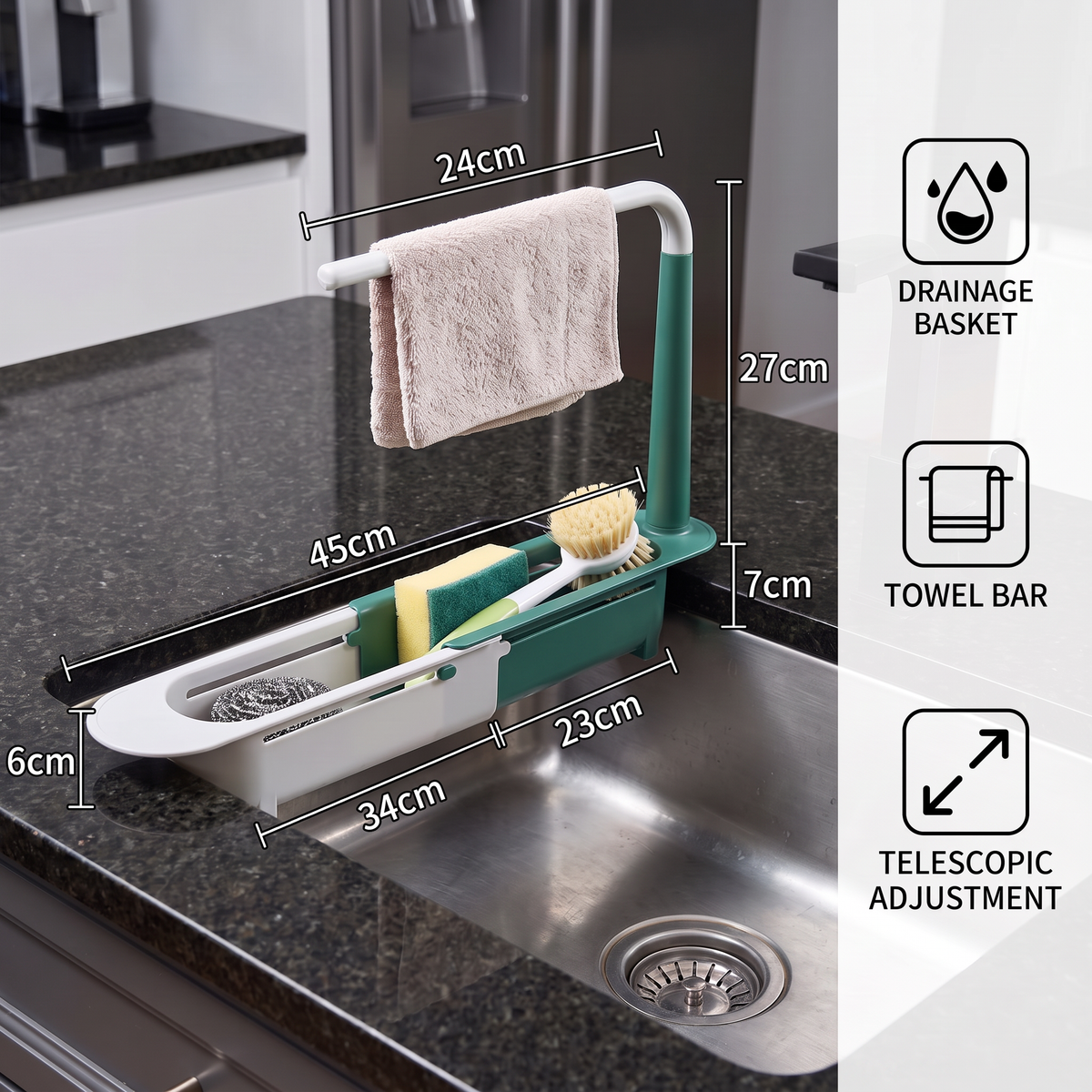Adjustable Telescopic Sink Organizer with Drainage Basket & Towel Bar