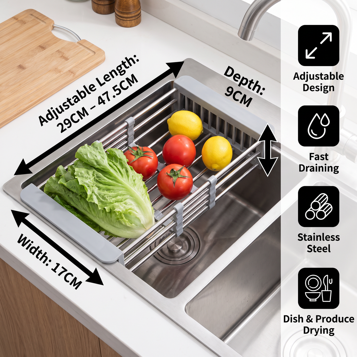 Adjustable Over-the-Sink Dish Drying Rack & Produce Drainer