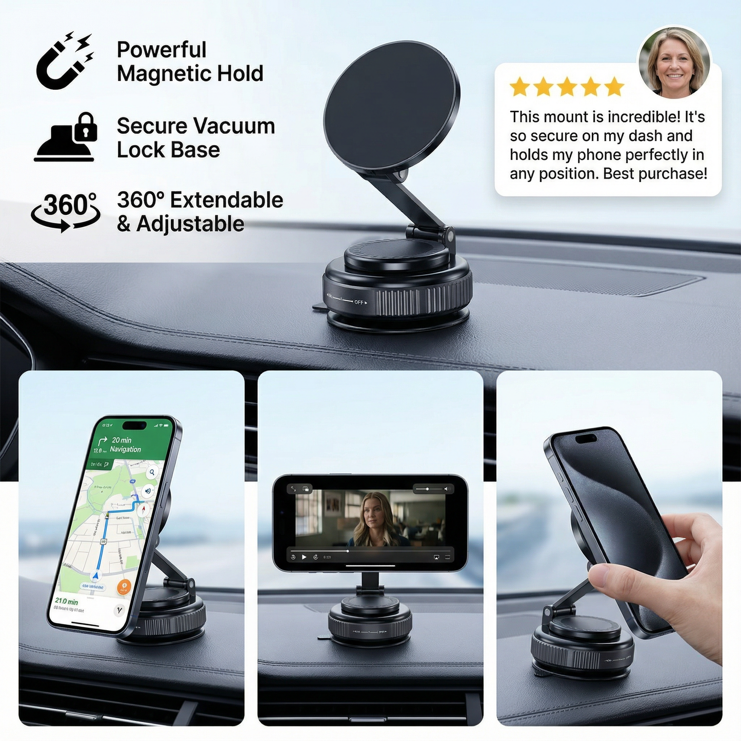 Magnetic Suction Cup – Extendable 360° Phone Holder with Vacuum Lock