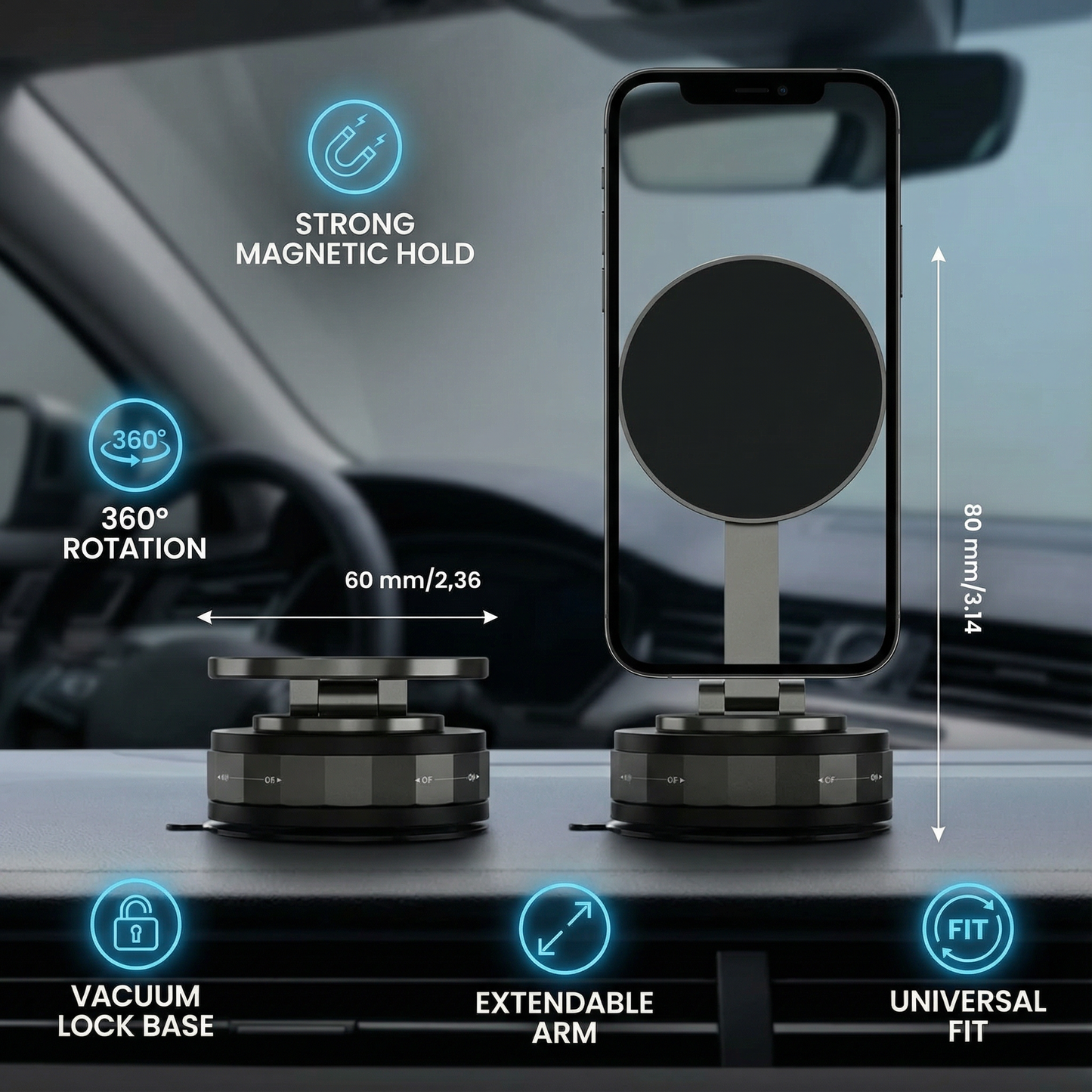 Magnetic Suction Cup – Extendable 360° Phone Holder with Vacuum Lock