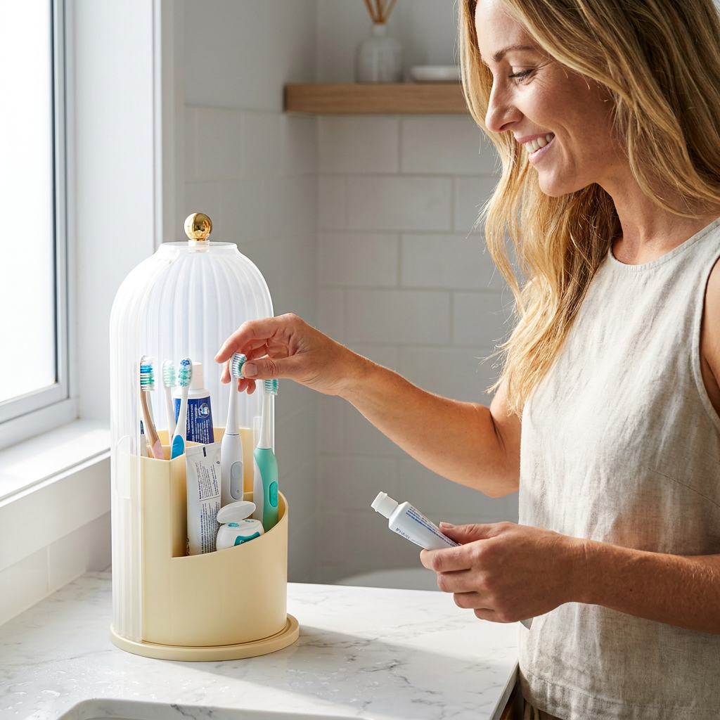 Rotating Toothbrush & Bathroom Essentials Organizer with Dustproof Clear Cover