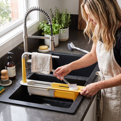 Adjustable Telescopic Sink Organizer with Drainage Basket & Towel Bar